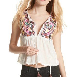 FREE PEOPLE Lohri Embroidered Tassel Top Ivory